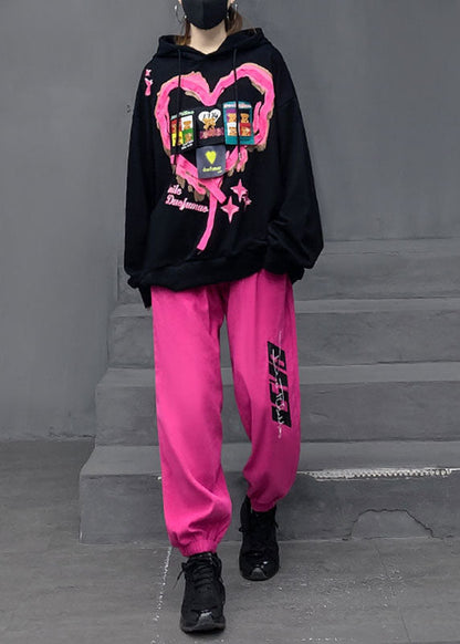 Black Print Cotton Hooded Pullover and Lantern Pants Two Pieces Set Fall