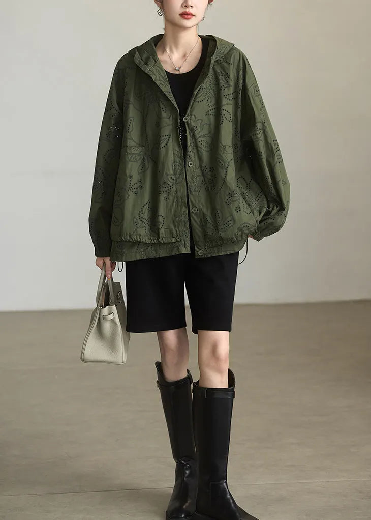 Army Green Cotton Hoodie Coat Embroidered Spring