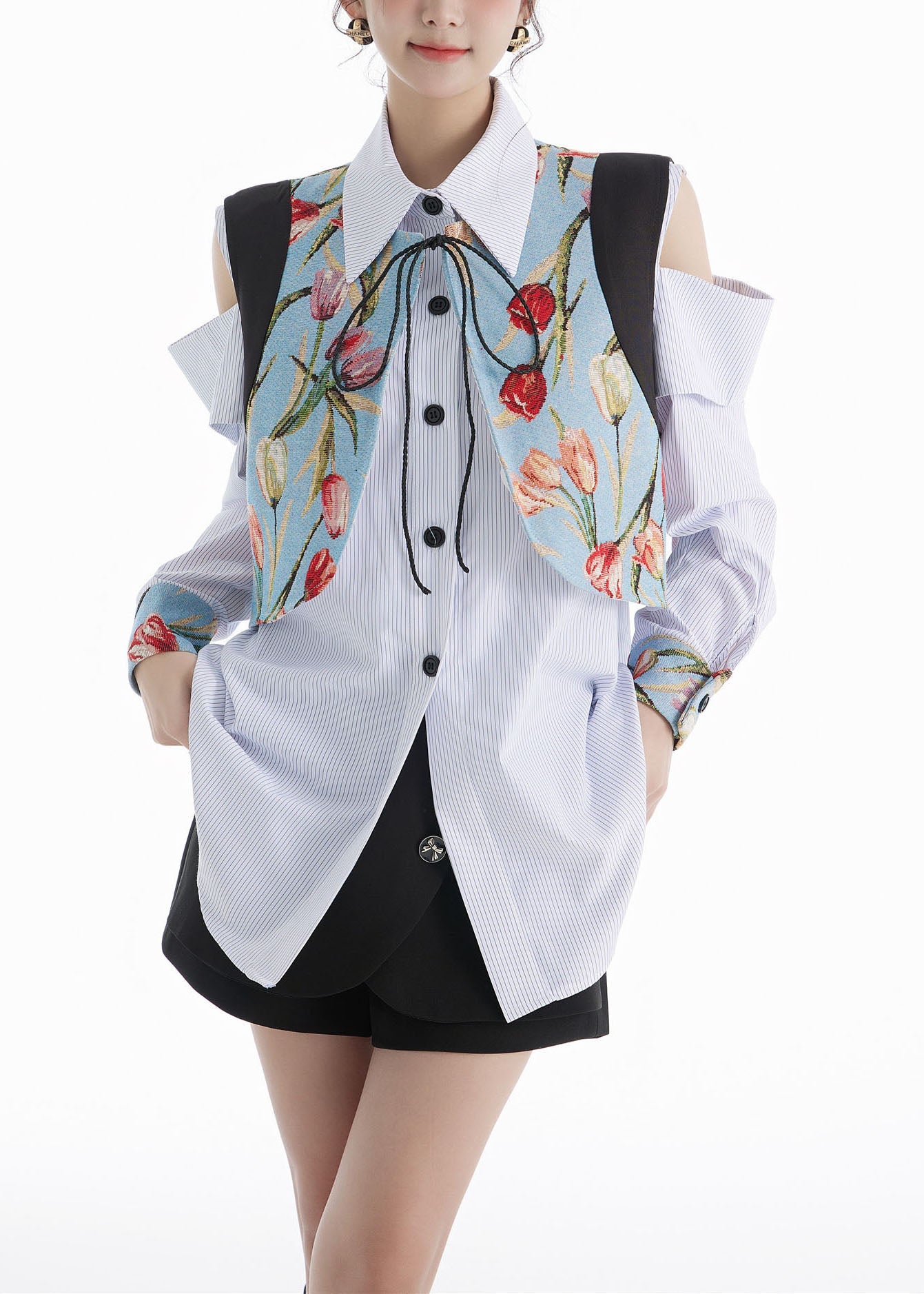 Blue Peter Pan Collar Striped Shirts and Vest Cotton Two Pieces Set Spring