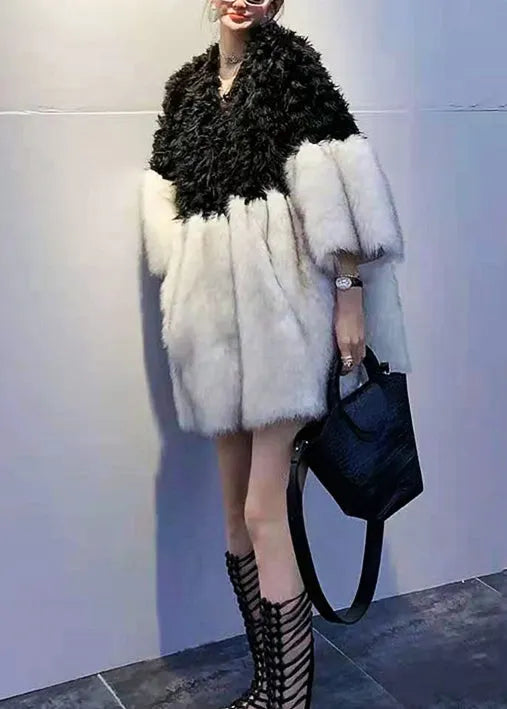 Black V Neck Teddy Faux Fur Patchwork Wool Coats Spring