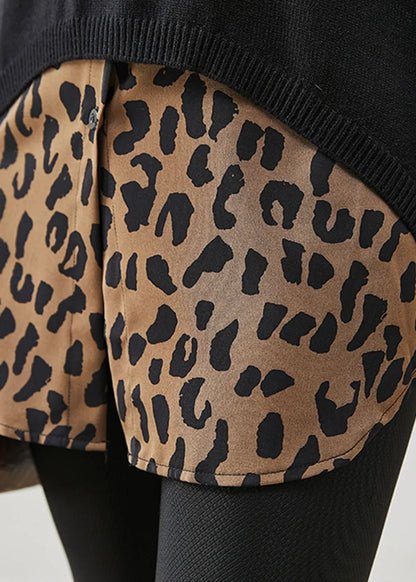 Natural Oversized Leopard Print Knit Vest and Shirt Two Pieces Set Winter