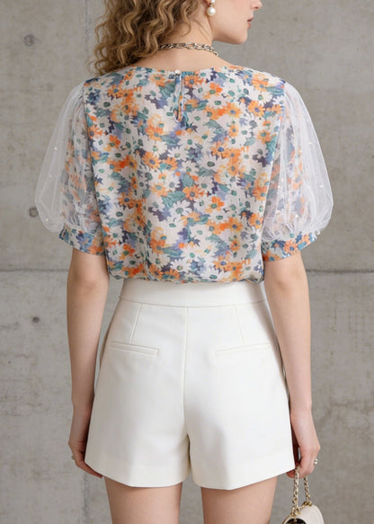 O-neck Tulle Puff Sleeve Print Chiffon Top Summer
