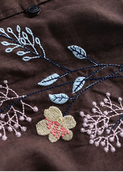 Chocolate O-neck Embroideried Patchwork Linen Shirt Tops Long Sleeve