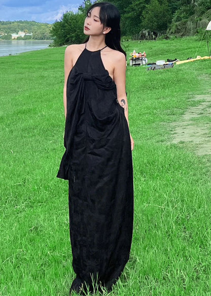 French Black Halter Bow Wrinkled Maxi Dress Summer