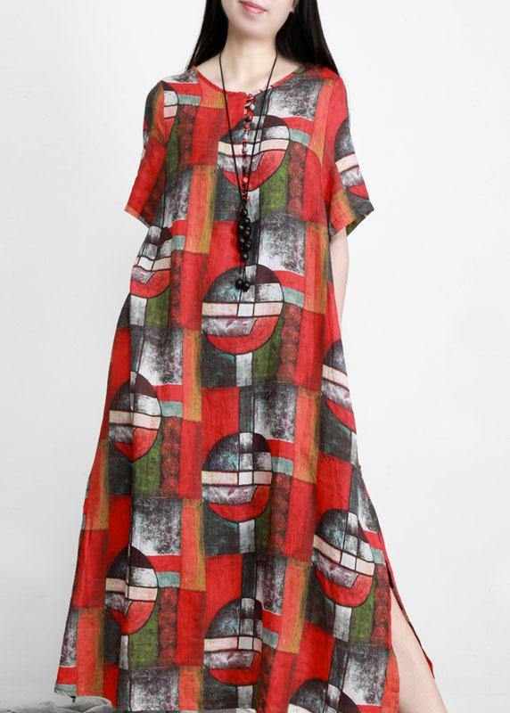 Red Print Linen Dress Pockets