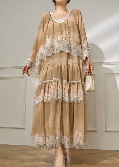 French Apricot Lace Patchwork Top and Maxi Skirts Two Pieces Set Flare Sleeve