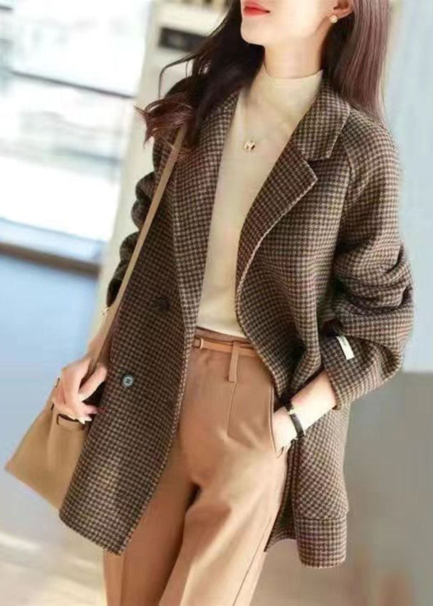 Plaid Notched Pockets Wooled Blend Coats Long Sleeve