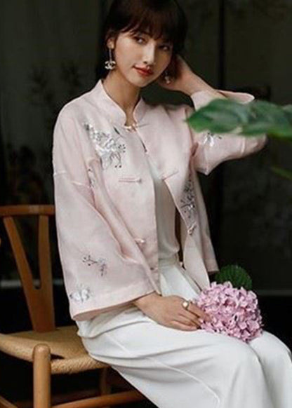 Pink Stand Collar Embroideried Button Top Long Sleeve