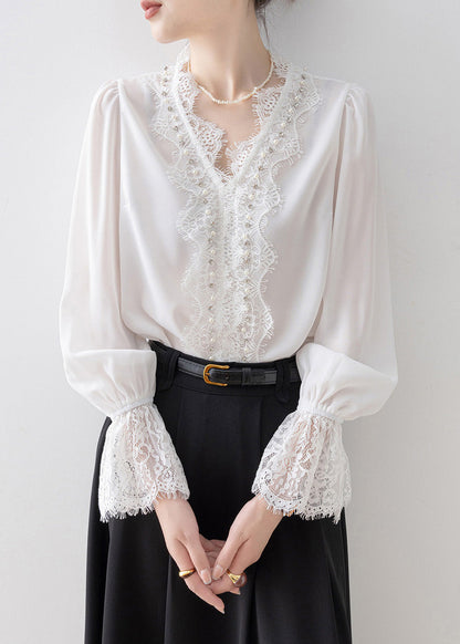 White V Neck Lace Patchwork Chiffon Top Spring