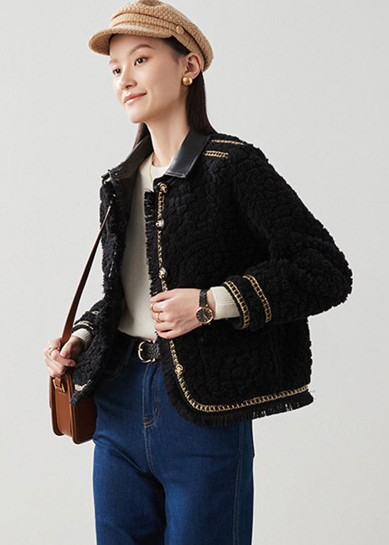 Diy Black Peter Pan Collar Patchwork Button Thick Faux Fur Coat Winter