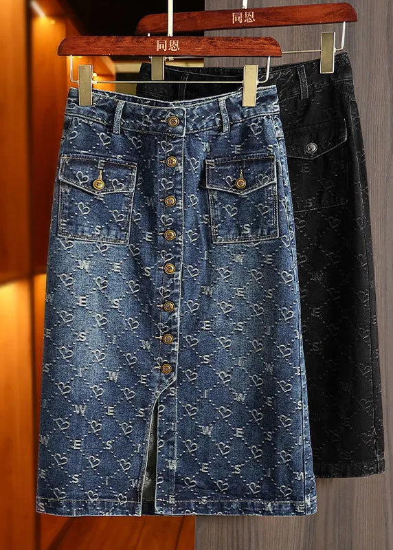 Blue Print Patchwork High Waist Denim a Line Skirt Summer