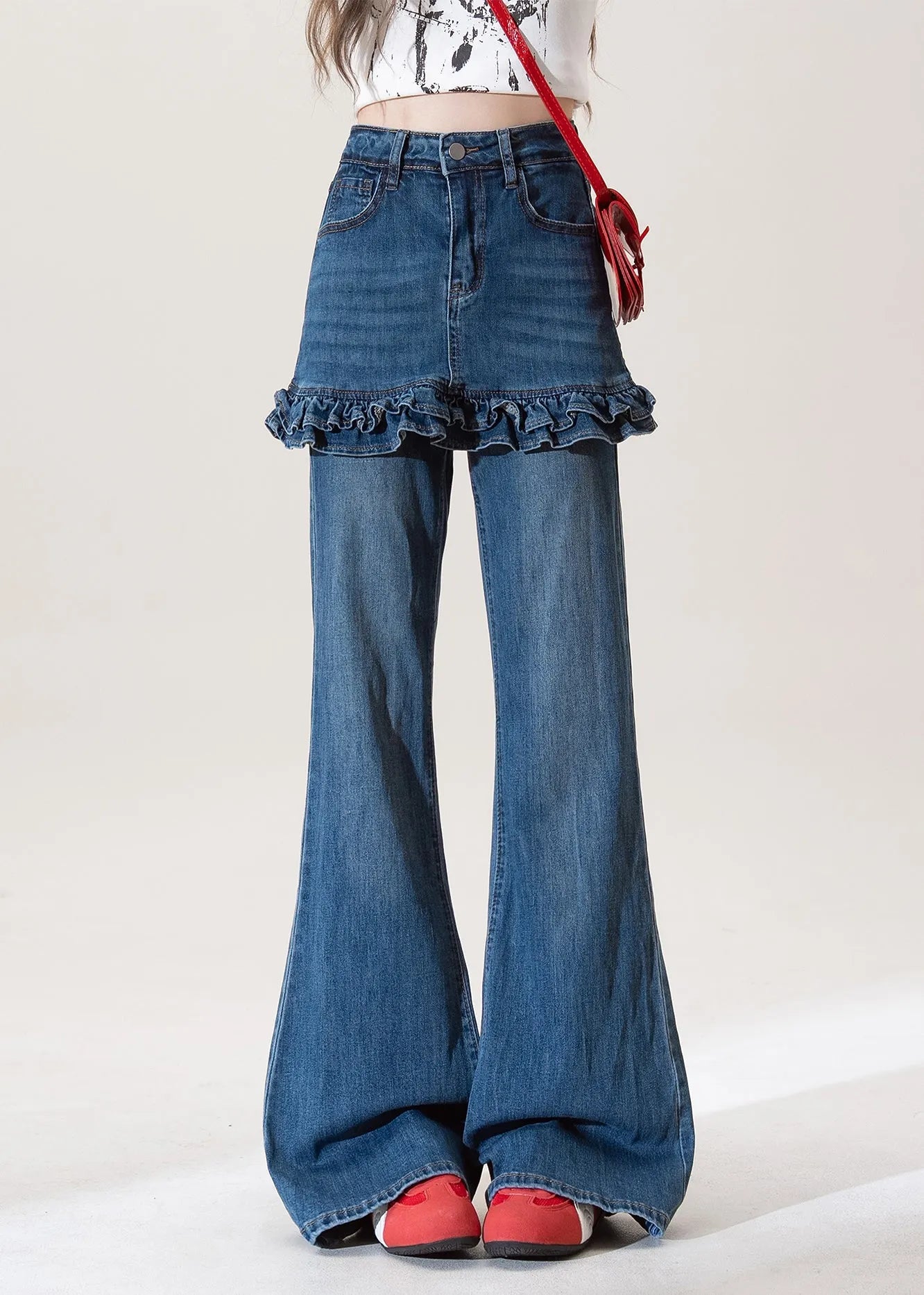 Blue Ruffled Pockets Patchwork Denim Flared Trousers Spring