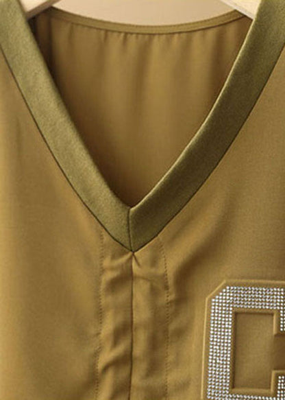 Khaki V Neck Drawstring Letter Blouse Tops Short Sleeve
