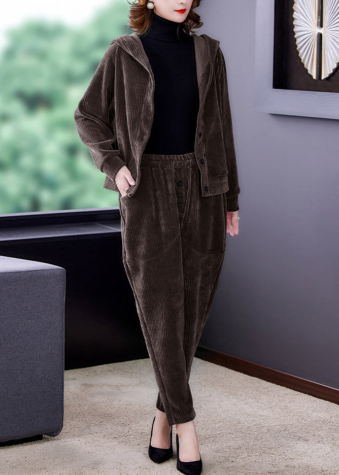 Coffee Patchwork Hooded Corduroy Coats and Harem Pants Two Pieces Set Fall