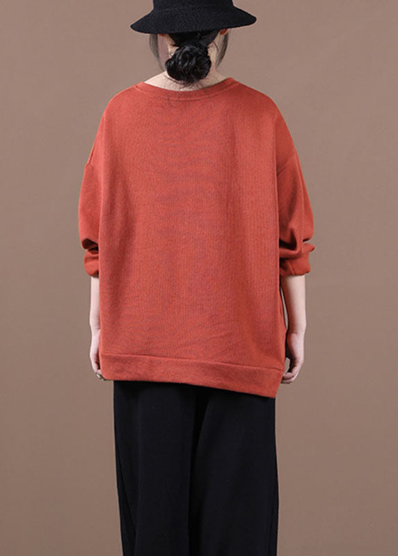 Brick Red O-neck Embroideried Loose Fall Sweatshirt