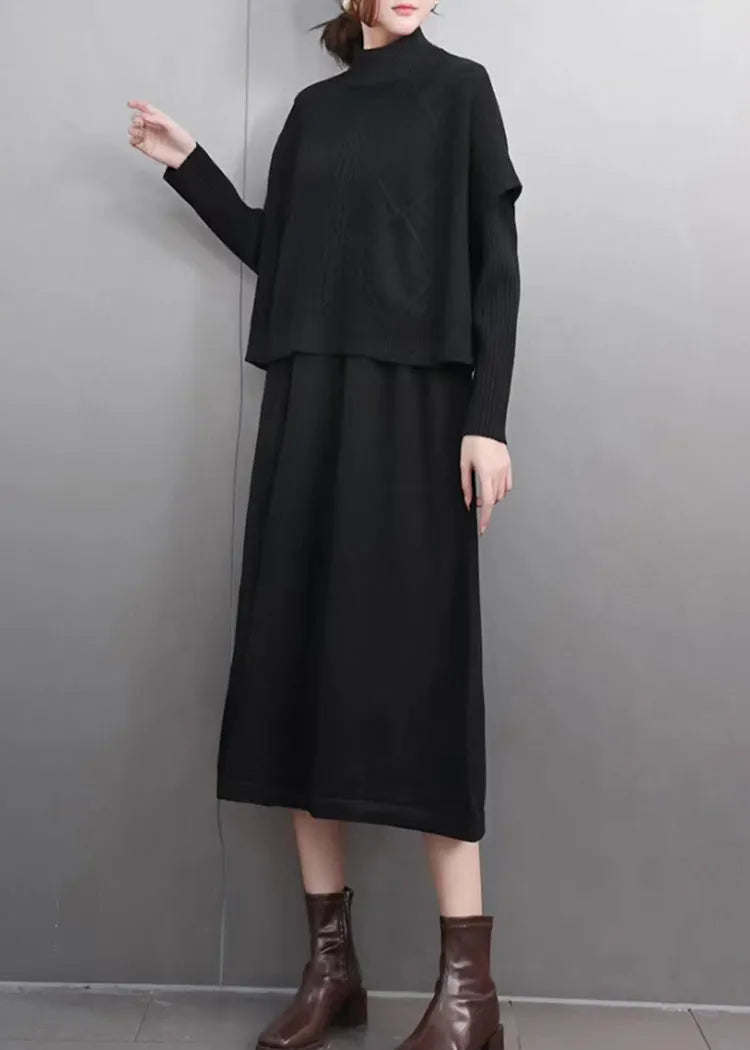 Simple Mulberry Turtleneck Patchwork Cotton Knit Sweaters and Maxi Skirts Two Pieces Set Winter