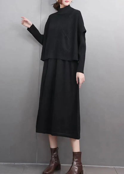 Simple Mulberry Turtleneck Patchwork Cotton Knit Sweaters and Maxi Skirts Two Pieces Set Winter