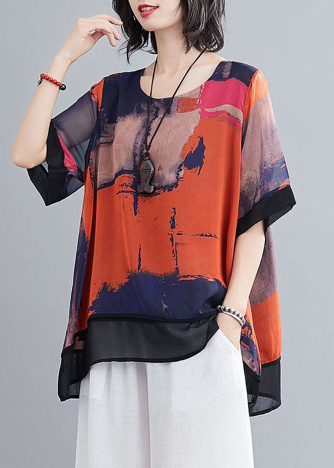 Red O-neck Oversized Tie Dye Chiffon Tanks Short Sleeve