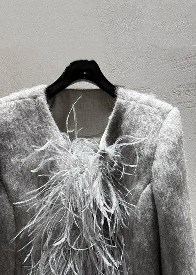 Grey Feather Patchwork Wool Coats Winter