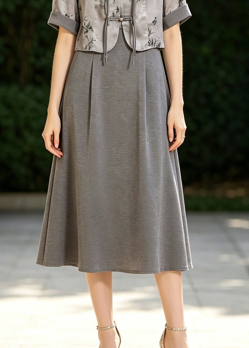 Fine Grey Tasseled Print Silk Oriental Dresses Two Piece Set Summer