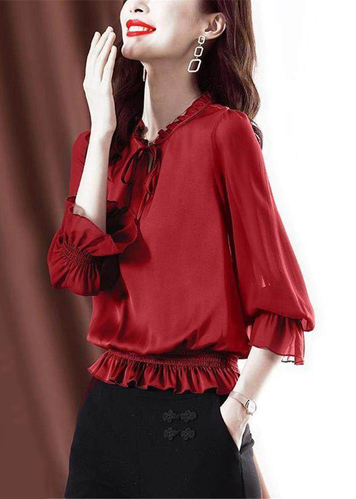 Red Lace Up Chiffon Shirt Ruffled Flare Sleeve