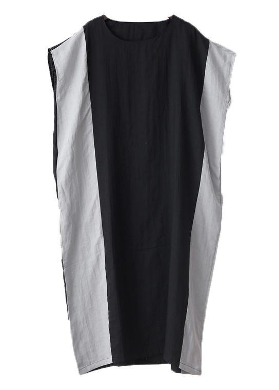 Black Patchwork Bat Wing Sleeve Mid Summer Linen Dress
