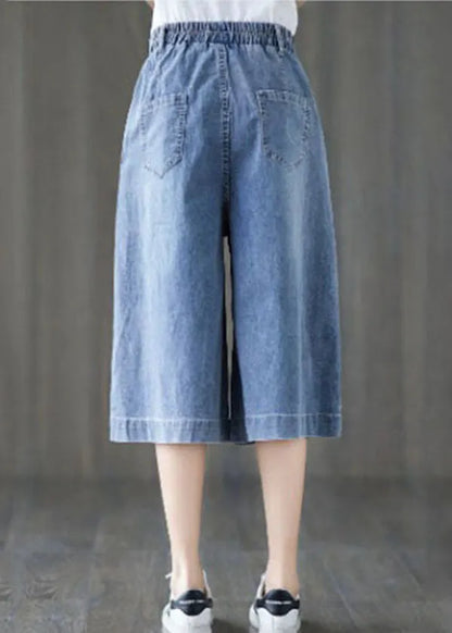 Denim Blue Elastic Waist Embroideried Cotton Wide Leg Pants Summer