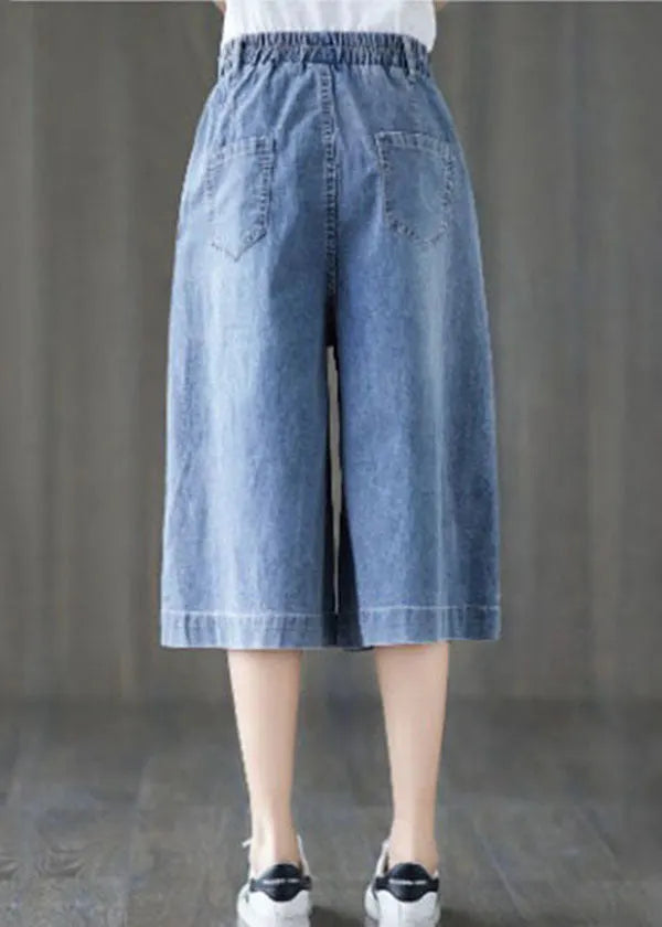 Denim Blue Elastic Waist Embroideried Cotton Wide Leg Pants Summer