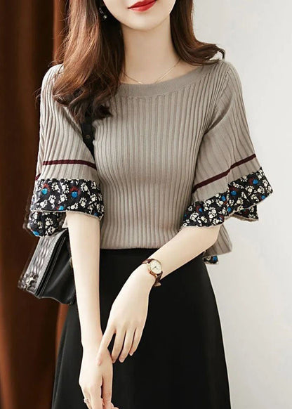 Grey O-neck Thick Print Knit Sweater Tops Flare Sleeve