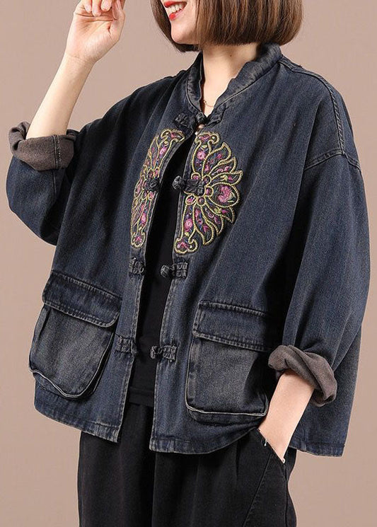 Black Button Embroideried Pockets Spring Denim Jackets