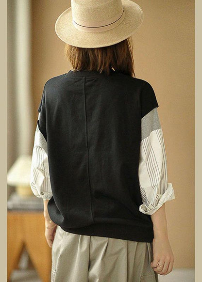 Modern Black O-neck Print Patchwork Fall Loose Sweatshirts Top