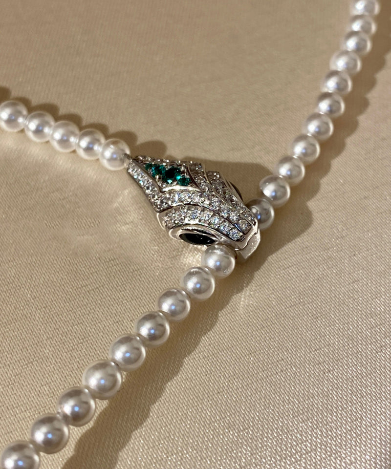 Boutique White Pearl Spirit Snake Zircon Sweater Chain Alloy Necklace
