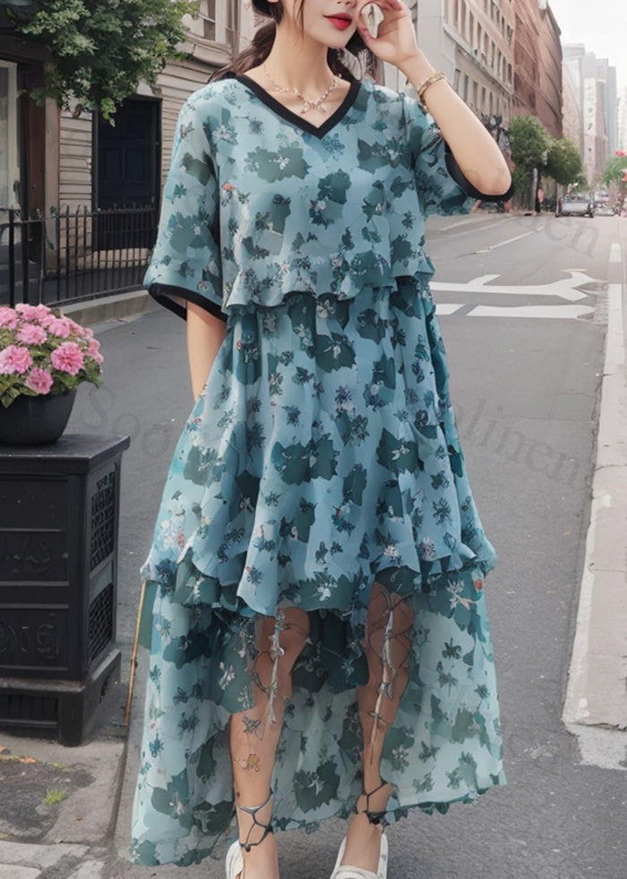 Blue Ruffled Print Hollow Out Silk Dresses Summer