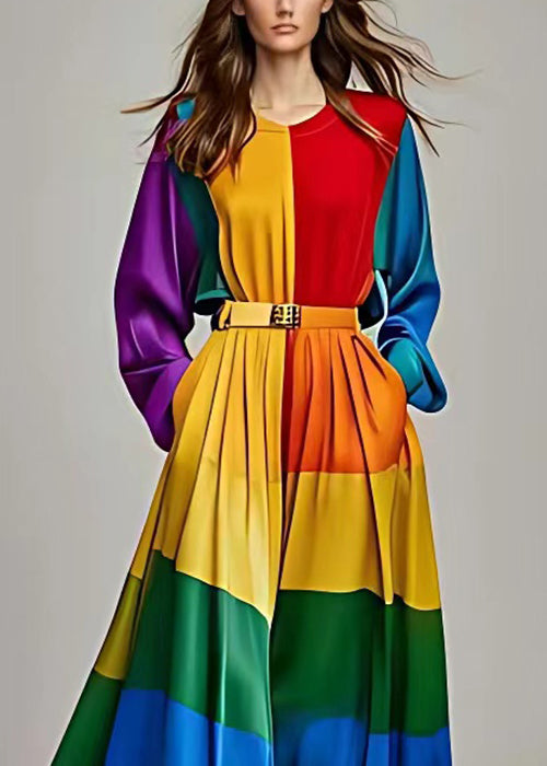 Colorblock Asymmetrical Pockets Patchwork Silk Ankle Dress Long Sleeve