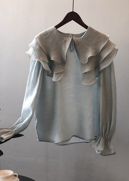 New Light Blue Ruffled Puff Sleeve Patchwork Shirt Top