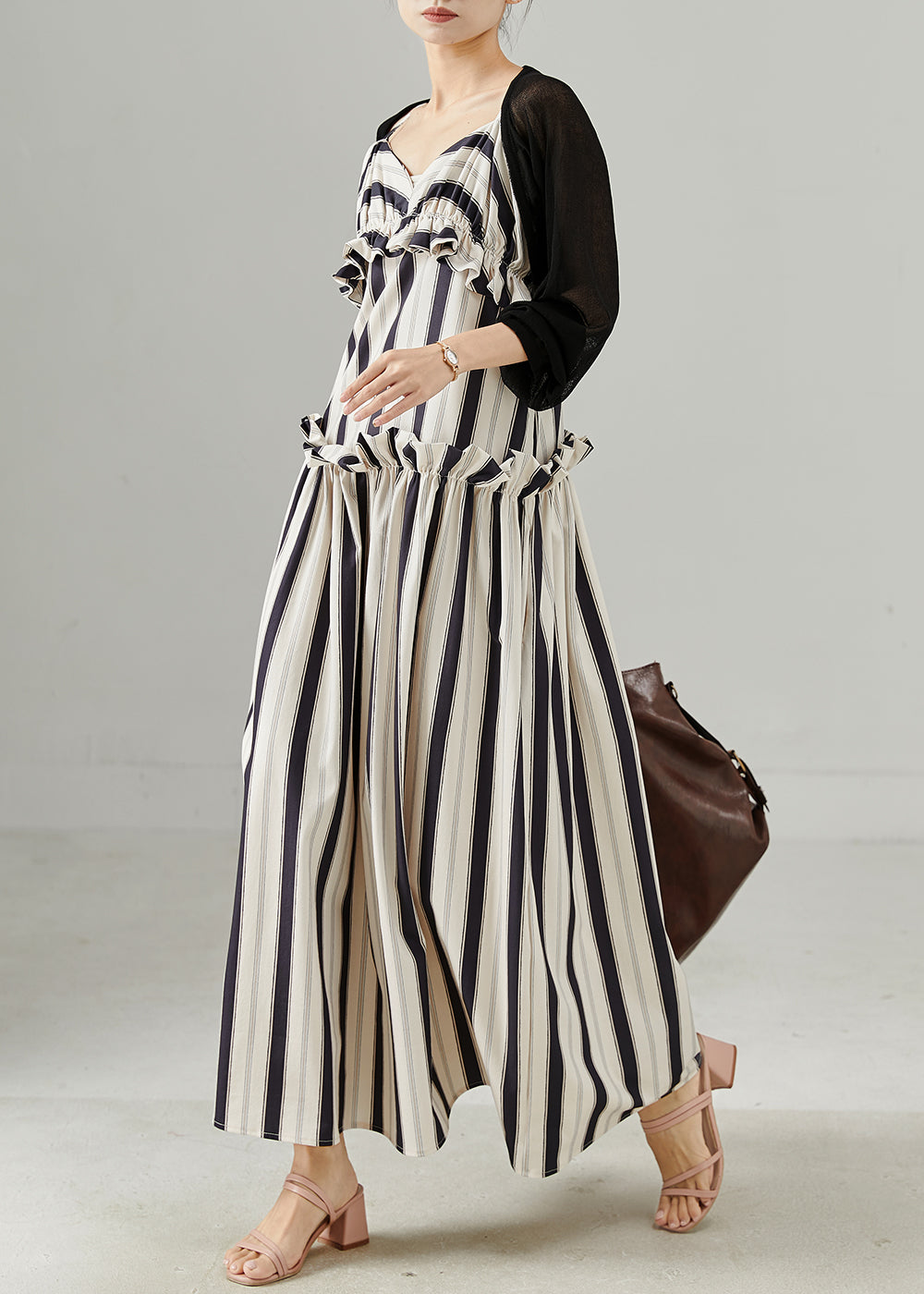Khaki Ruffled Striped Cotton Sets 2 Pieces Fall