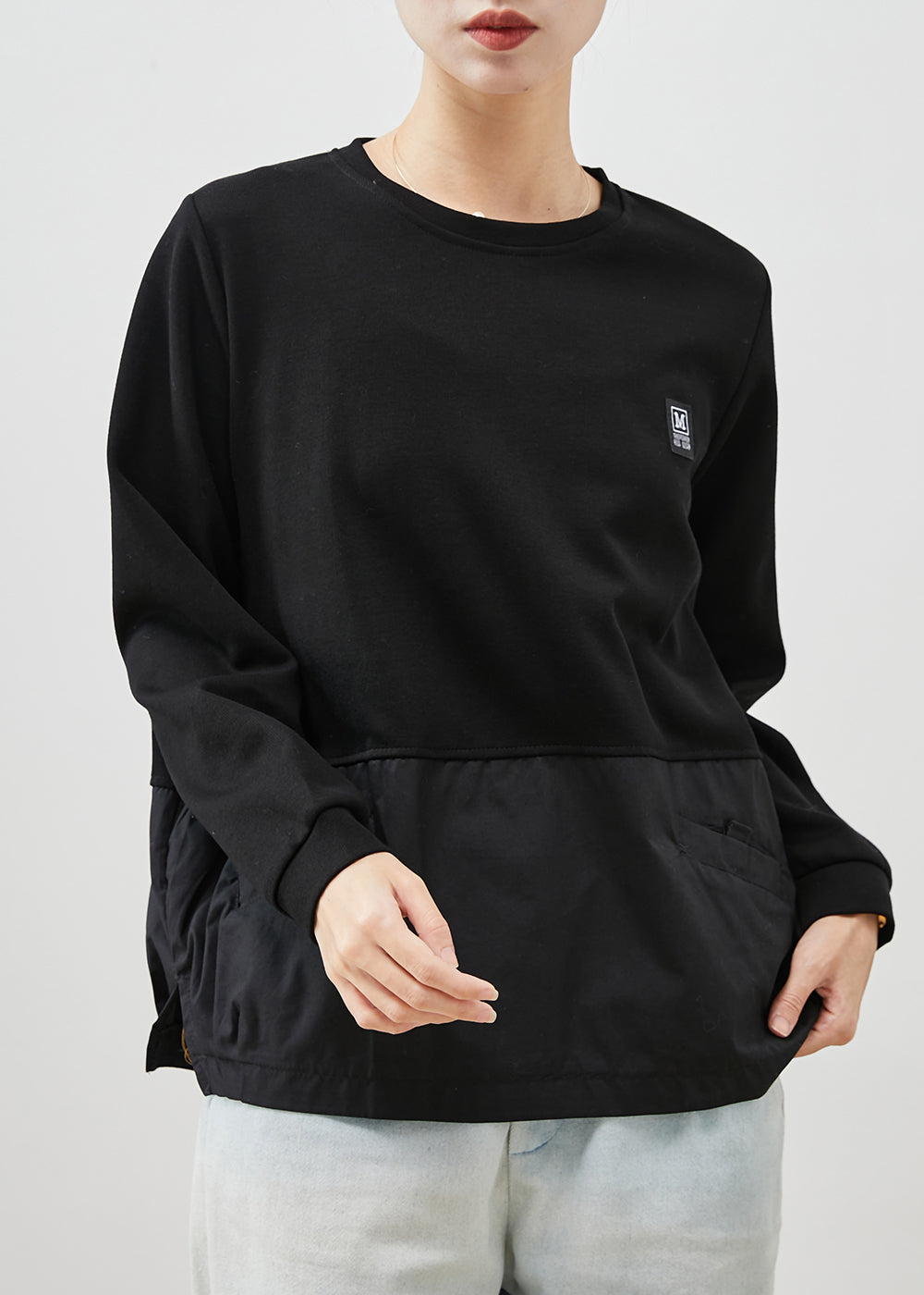 Black Patchwork Cotton Sweatshirt Oversized Spring