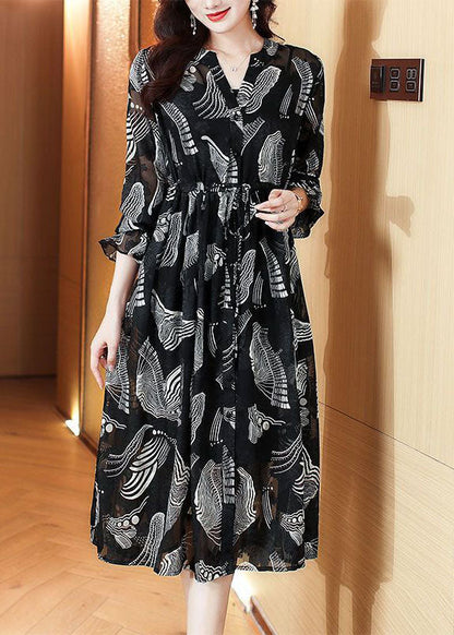 Black V Neck Tie Waist Print Chiffon Holiday Dress Spring