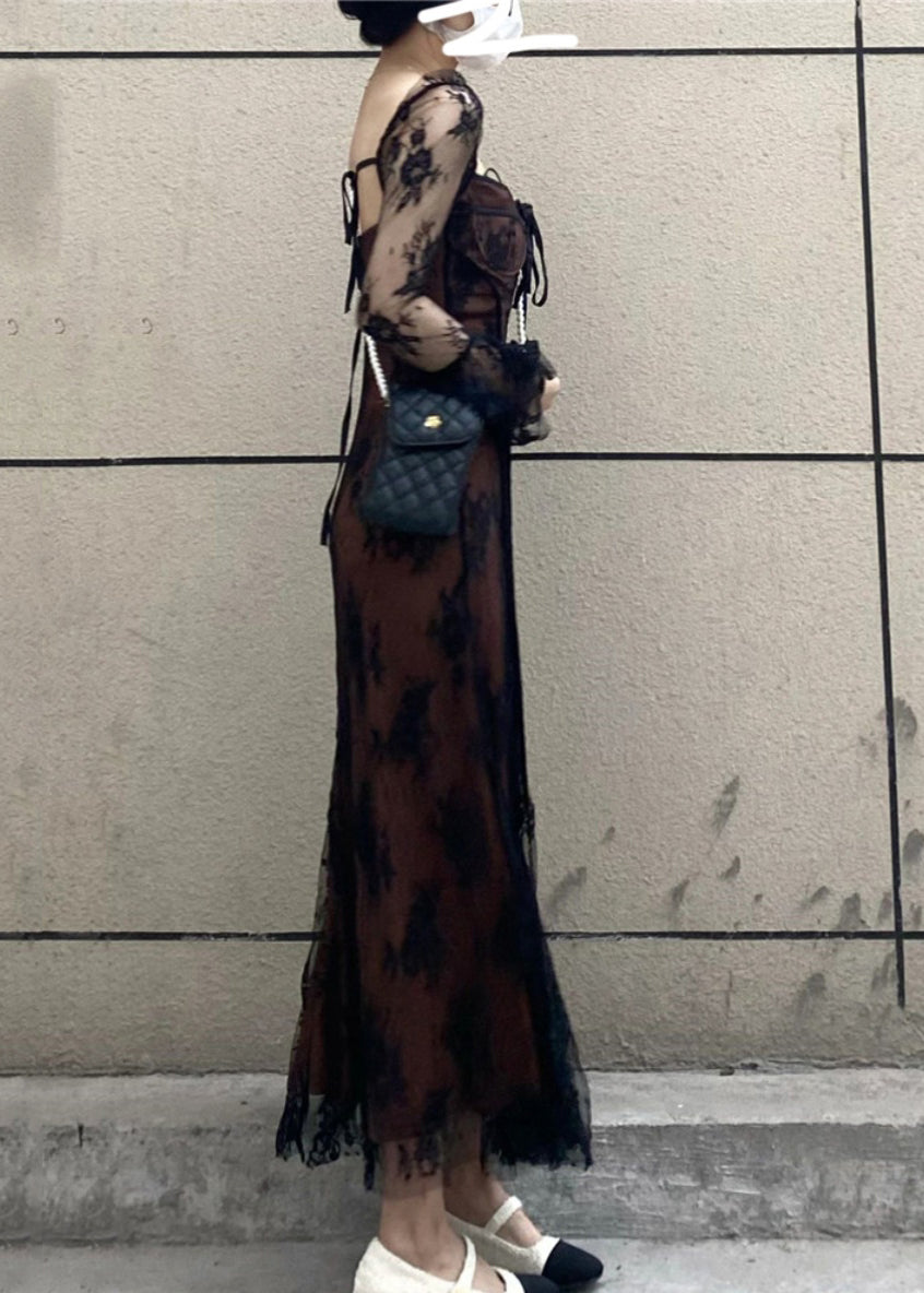 French Black Square Collar Patchwork Lace Long Dress Flare Sleeve
