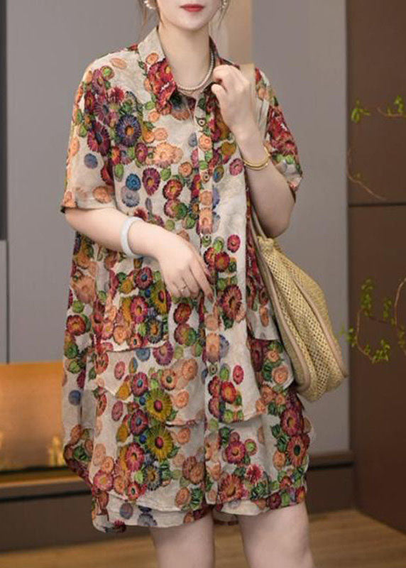 Diy Khaki Oversized Print Chiffon Two Pieces Set Summer