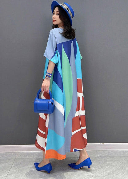 Loose Green O-neck Print Long Dress Short Sleeve