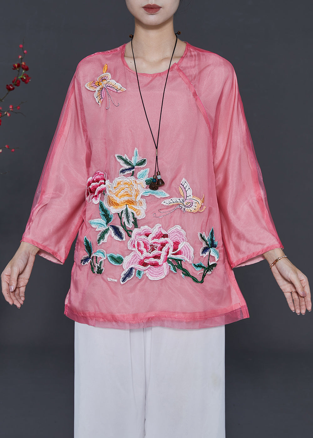 Pink Embroidered Organza Blouses Summer