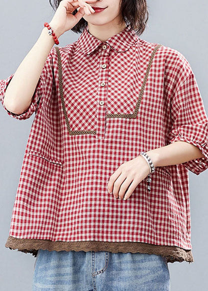 Red Button Peter Pan Collar Shirt Tops Half Sleeve