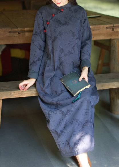 Blue Mandarin Collar Button Print Dresses Caftan Long Sleeve