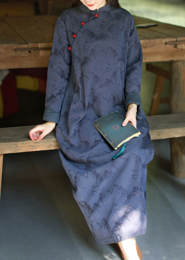 Blue Mandarin Collar Button Print Dresses Caftan Long Sleeve