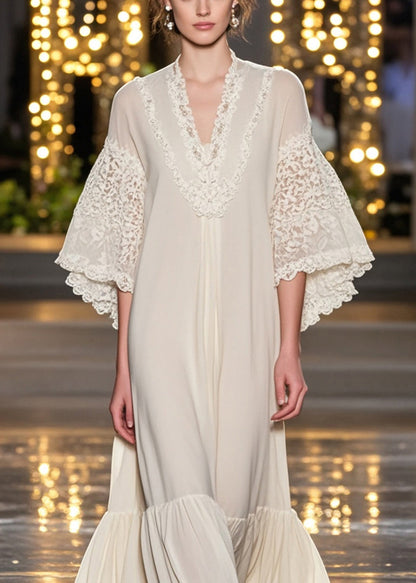 White V Neck Patchwork Lace Ankle Dress Flare Sleeve