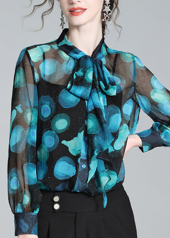 Blue Stand Collar Print Bow Silk Shirt Long Sleeve