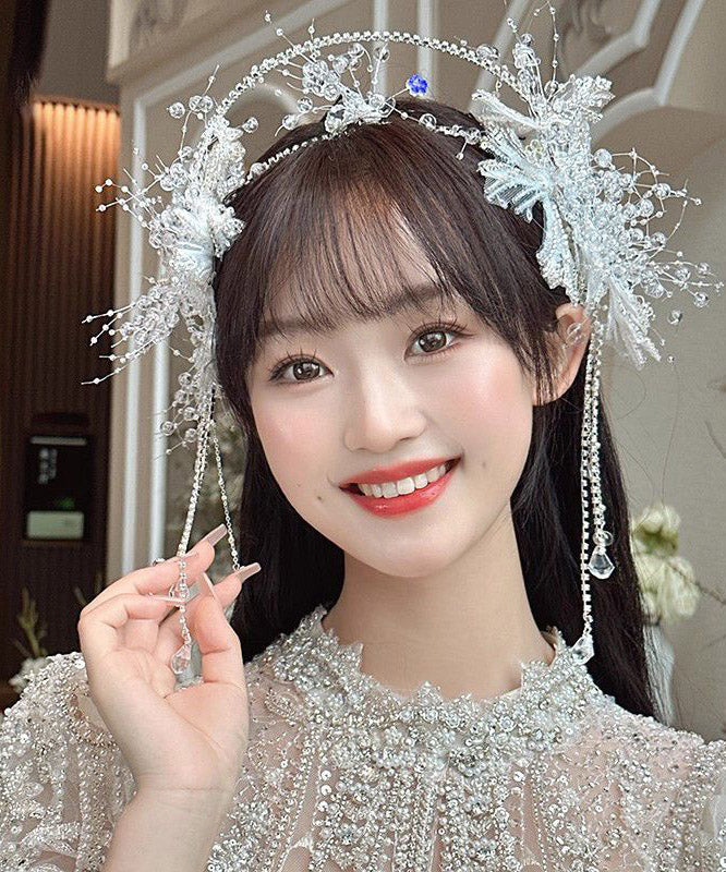 White Alloy Crystal Tassel Crown and Drop Earrings Two-piece Set