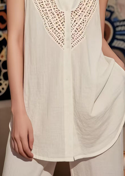 White V Neck Hollow Out Cotton Top Sleeveless