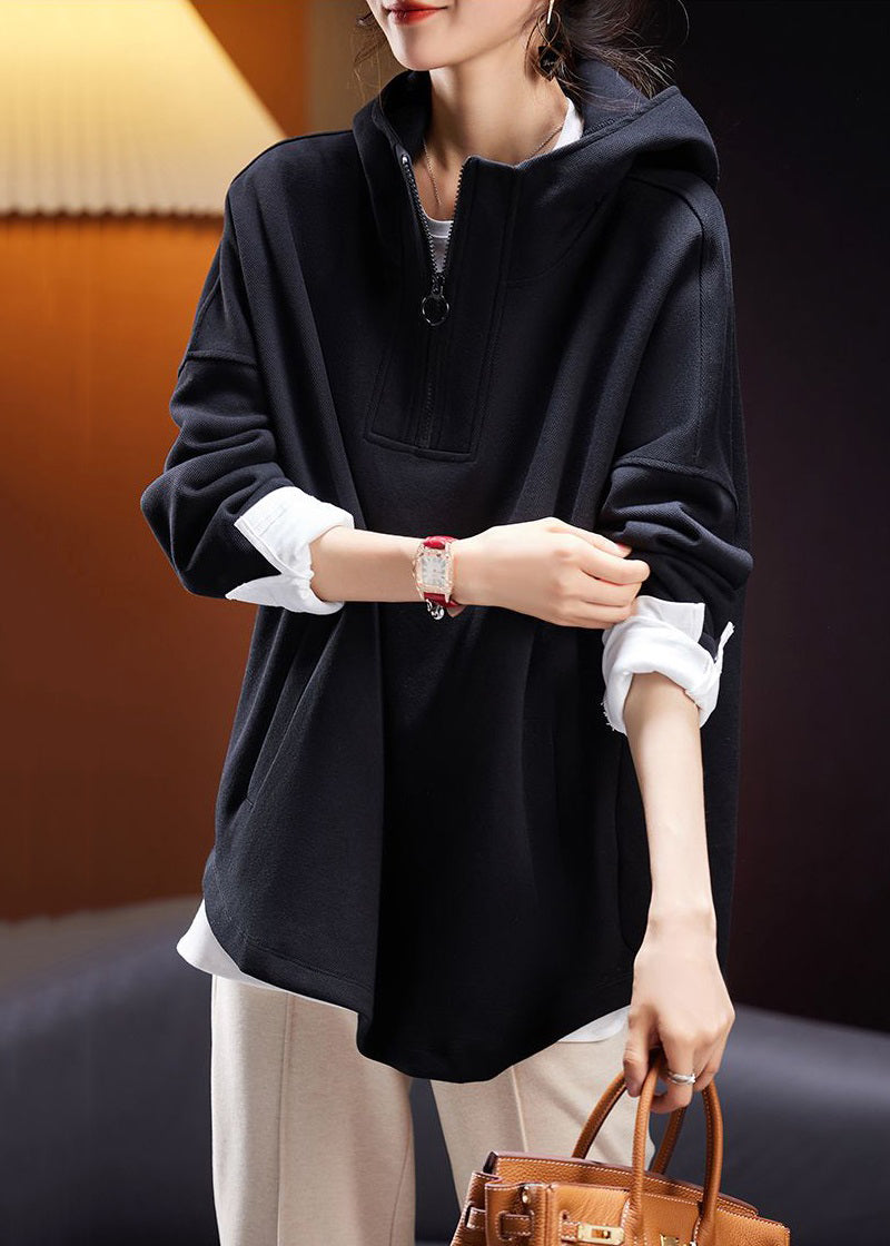 Black Hooded Zippered Pockets Cotton Sweatshirt Long Sleeve